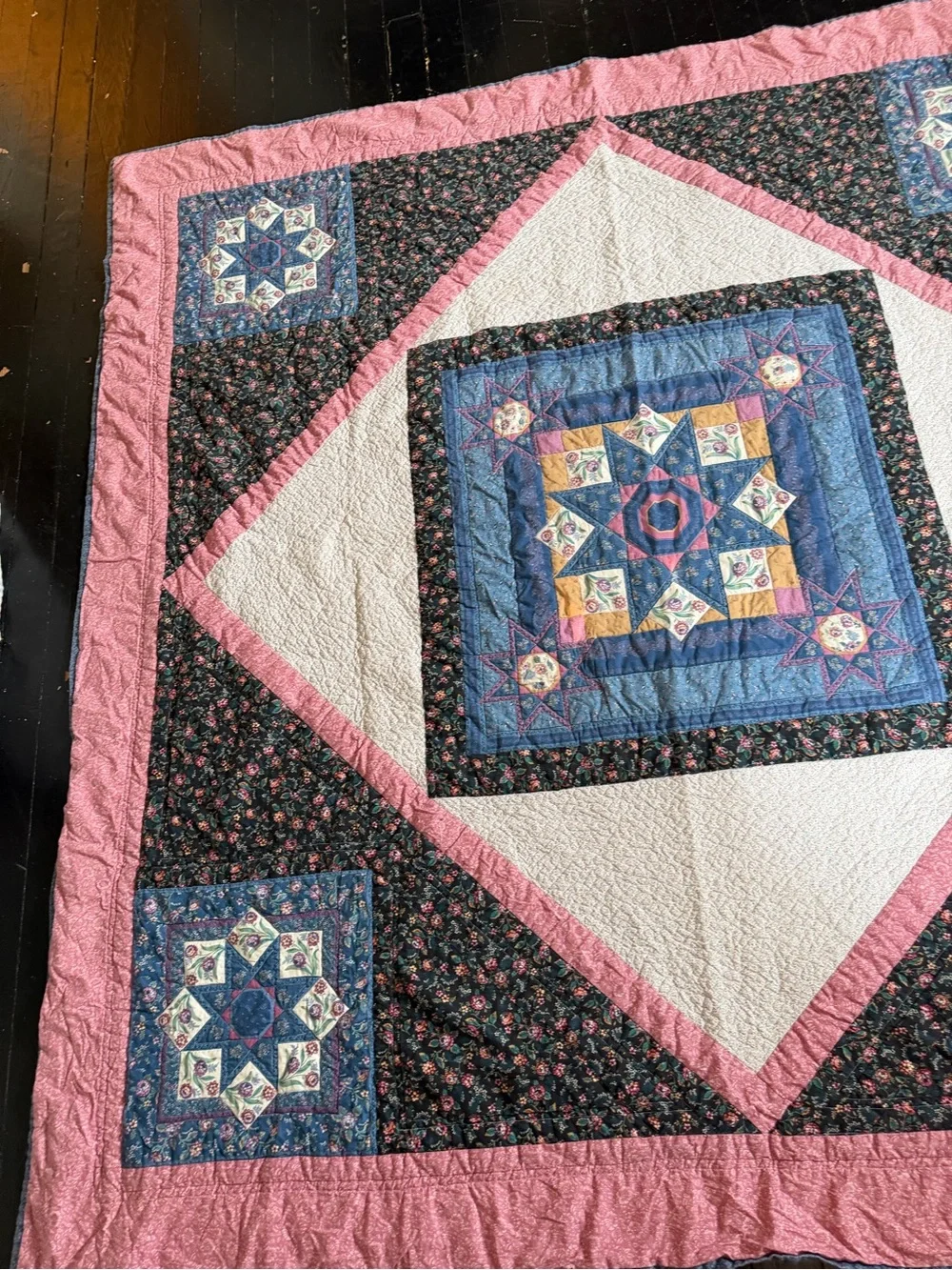 Handmade Star Patchwork Quilt in Pink, Blue, and Cream